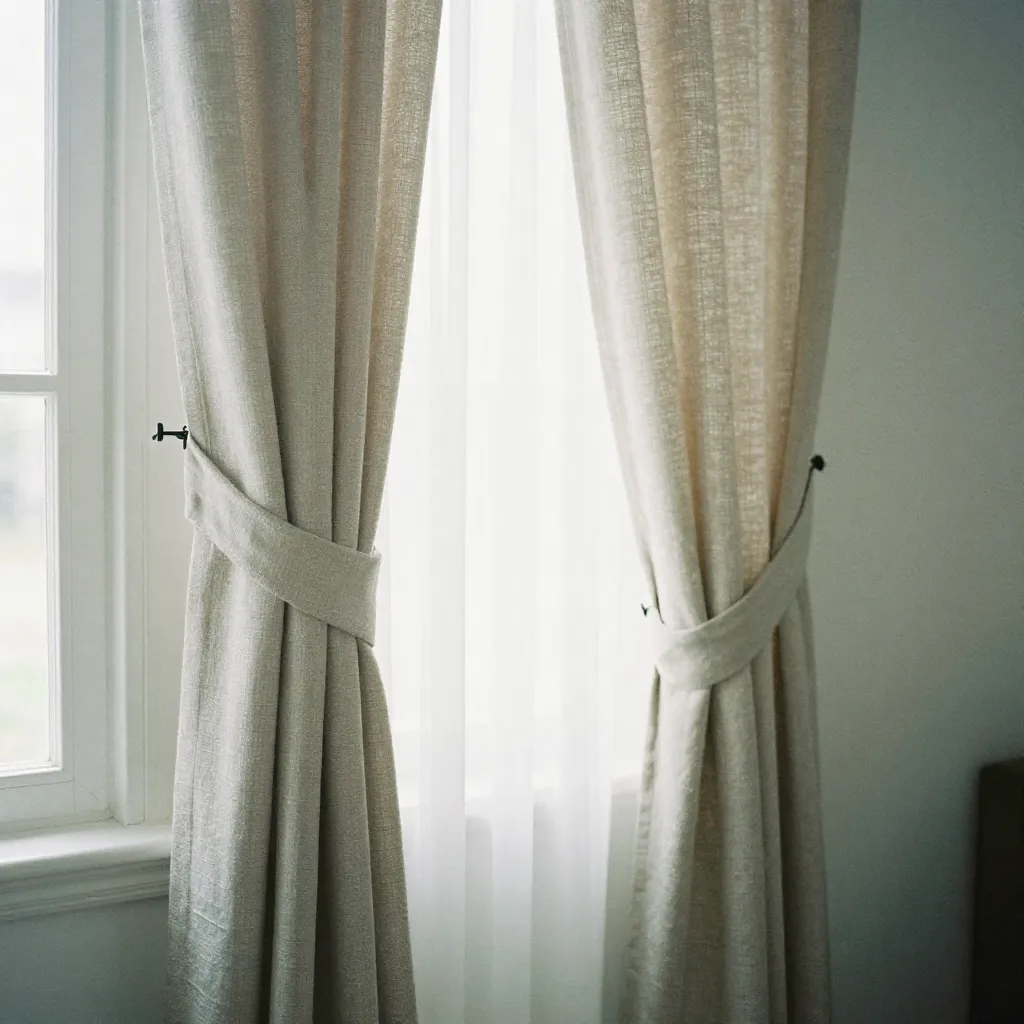 Minimalistisk soverom med gardinholder